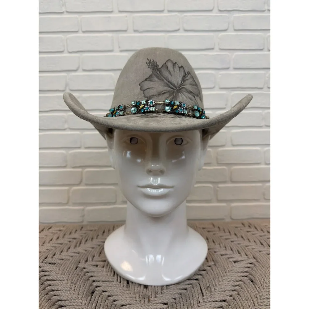 Sun Kissed Fedoras Cowgirl Hat Greige Floral Beaded Trim Medium